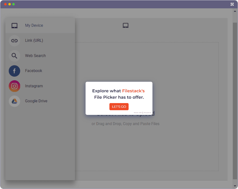 A file picker interface with a sidebar showing options like My Device, Link (URL), Web Search, Facebook, Instagram, and Google Drive. A popup in the center says, Explore what Filestacks File Picker has to offer with a LETS GO button.